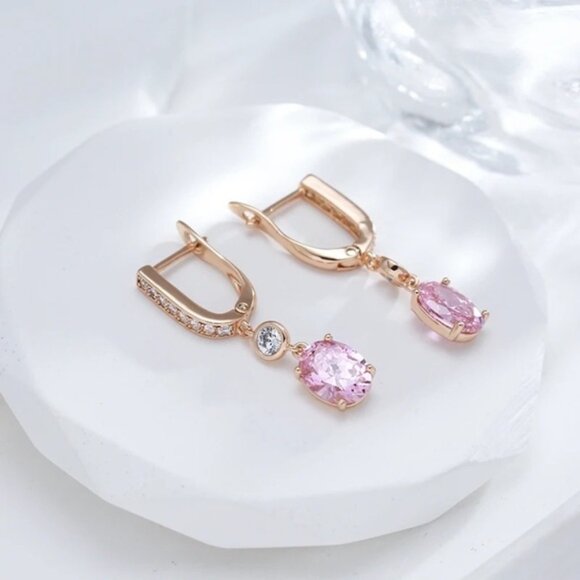Rose Gold Plated Pink Zirconia Dangle Earrings - Picture 7 of 8